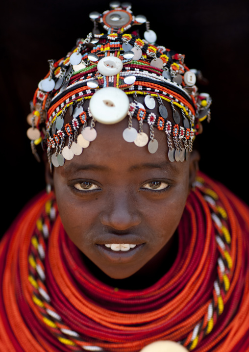 Portrait of a Rendille tribe young woman with a beaded headwear, Marsabit County, Marsabit, Kenya