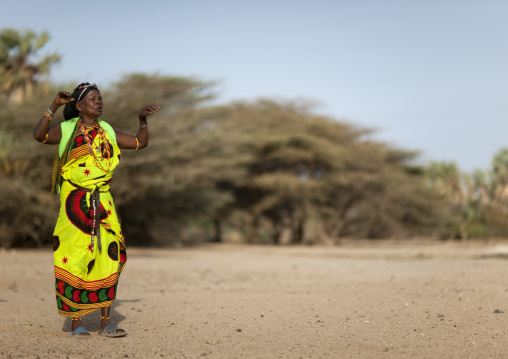 Gabra tribe woman dancing in the bush, Marsabit County, Chalbi Desert, Kenya