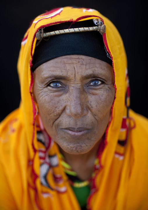 Portrait of a Gabra tribe woman wearing the traditional headwear, Marsabit County, Chalbi Desert, Kenya