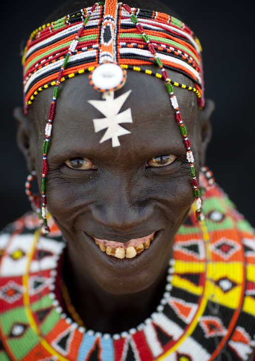 Portrait of an El Molo tribe woman with a beaded headdress, Rift Valley Province, Turkana lake, Kenya