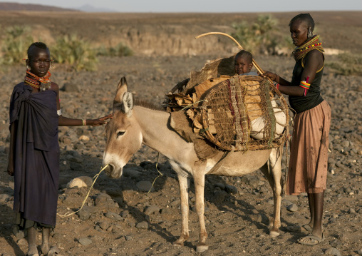 Turkana women with their donkey carrying a baby, Turkana lake, Loiyangalani, Kenya