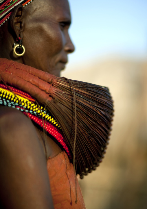Rendille tribe woman wearing a mpooro Engorio necklace, Rift Valley Province, Turkana lake, Kenya