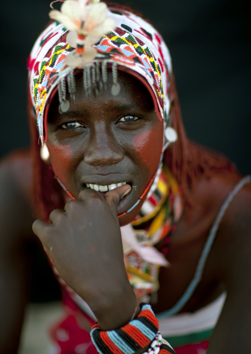 Portrait of a Rendille tribe moran with a headwear, Rift Valley Province, Turkana lake, Kenya