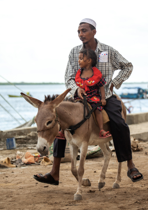 Man with his daughter riding a donkey in the street, Lamu County, Lamu, Kenya