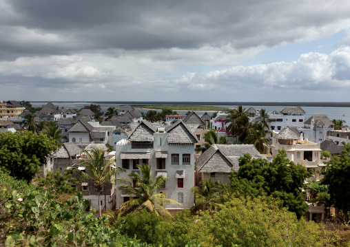 Stone townhouses and luxury mansions with thatched roofs, Lamu County, Shela, Kenya