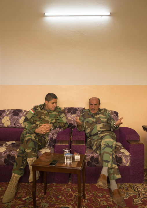 Kurdish Peshmergas Inside An Office On The Frontline, Duhok, Kurdistan, Iraq