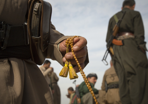 Kurdish Peshmergas Praying On The Frontline, Kirkuk, Kurdistan, Iraq