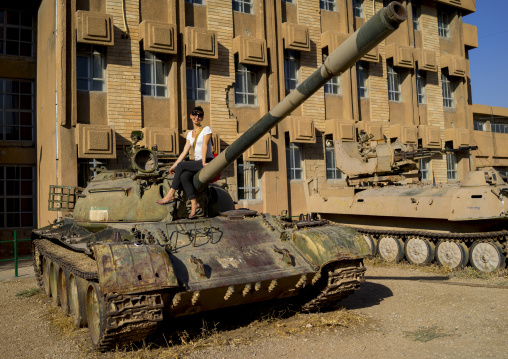 Tourist On A Tank In The Red Security Building, Suleymanyah, Kurdistan, Iraq