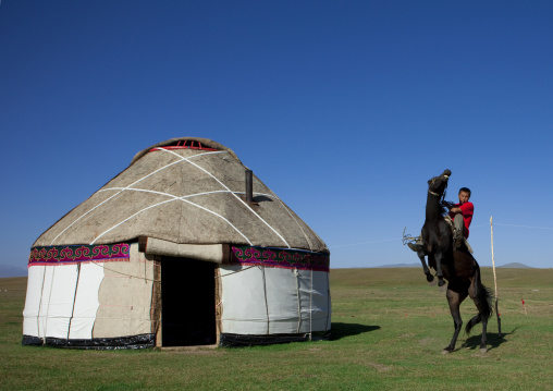 Horseman Rearing Up A Horse In Front Of A Yurt, Jaman Echki Jailoo Village, Song Kol Lake Area, Kyrgyzstan