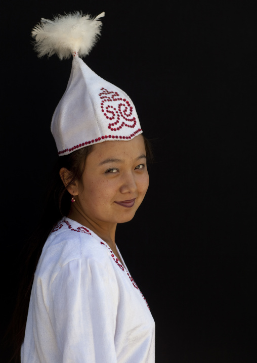 Woman Wearing Traditional Clothes And Headgear, Village Of Kyzart, Kyrgyzstan