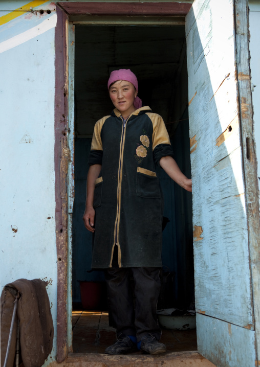 Woman With Headscarf At The Entrance Of Her House, Saralasaz Jailoo, Kyrgyzstan