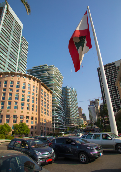 Giant lebanese flag in front of luxury residential buildings in central district, Beirut Governorate, Beirut, Lebanon
