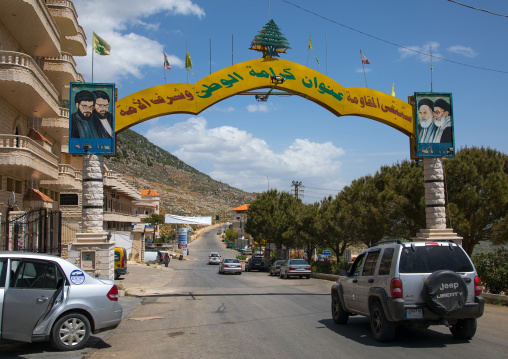 Gate depicting the Hezbollah and iranian leaders, Beqaa Governorate, Machghara, Lebanon