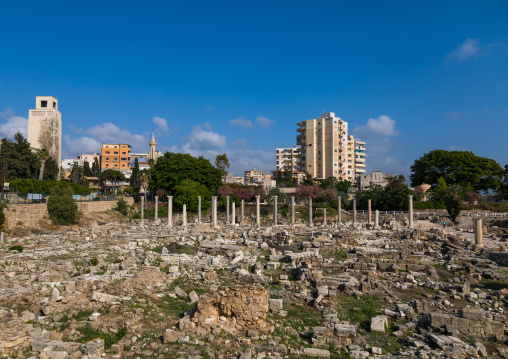 Al-Mina archaeological site in front of new buildings, South Governorate, Tyre, Lebanon