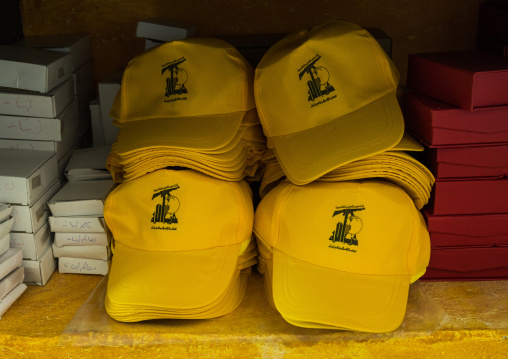Caps for sale in the Hezbollah souvenirs shop in the tourist landmark of the resistance, South Governorate, Mleeta, Lebanon