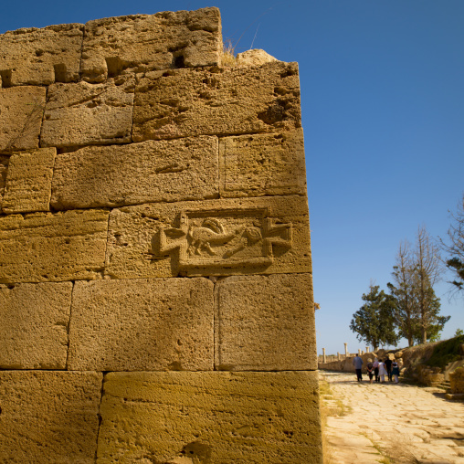 Phallic symbol for prostitute alley in leptis magna, Tripolitania, Khoms, Libya