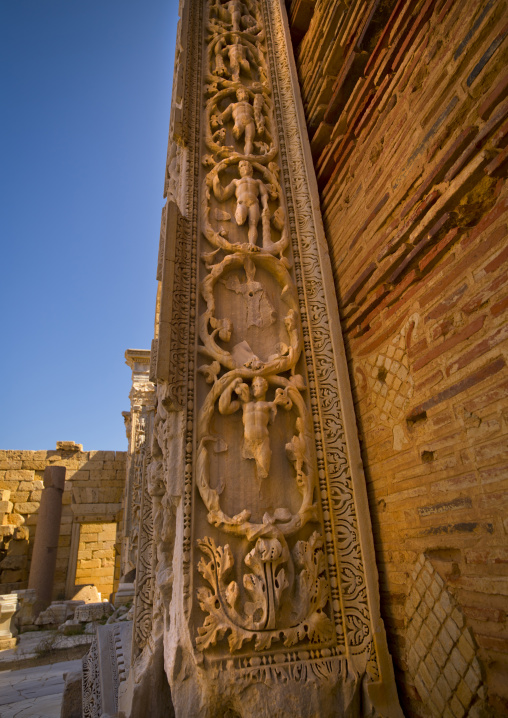 Decoration columns inside basilica of septimius severus in leptis magna, Tripolitania, Khoms, Libya