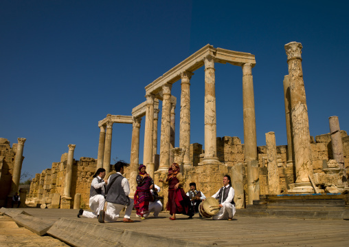 Singers at roman theatre in leptis magna, Tripolitania, Khoms, Libya