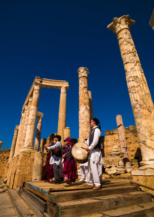 Singers at roman theatre in leptis magna, Tripolitania, Khoms, Libya
