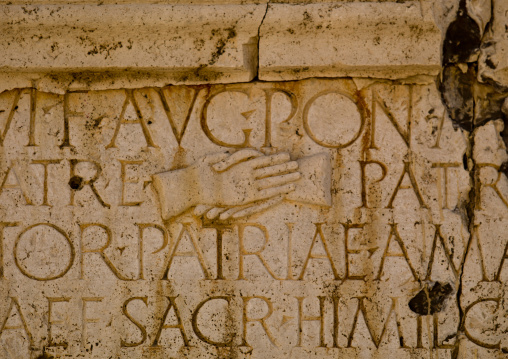 Inscription at one of the gates at the theatre in leptis magna, Tripolitania, Khoms, Libya