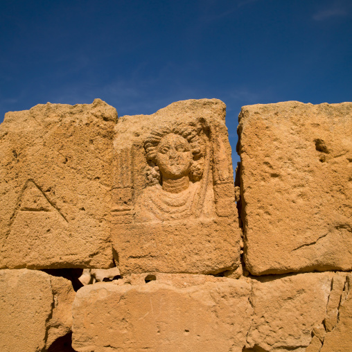 Human head carved on a wall, Tripolitania, Sabratha, Libya