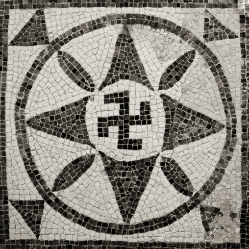 Old roman mosaic with a swastika cross, Tripolitania, Sabratha, Libya