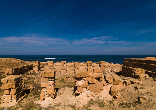 Ruins of a temple in front of the sea, Tripolitania, Sabratha, Libya