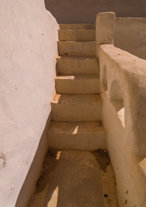 Old white mosque stairs made of mud brick, Tripolitania, Ghadames, Libya