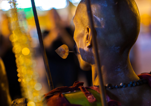 Hindu Devotee With Pierced Tongue During Annual Thaipusam Religious Festival In Batu Caves, Southeast Asia, Kuala Lumpur, Malaysia