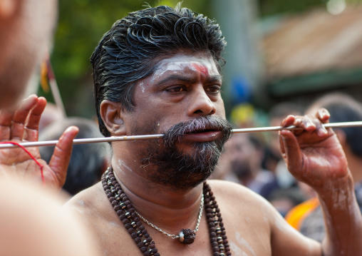 A Devotee Cheek Is Pierced With A Big Skewer By A Priest At Thaipusam Hindu Festival At Batu Caves, Southeast Asia, Kuala Lumpur, Malaysia