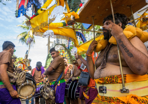 Devotee Kavadi Bearer With Tongue Piercing At Thaipusam Hindu Religious Festival In Batu Caves, Southeast Asia, Kuala Lumpur, Malaysia