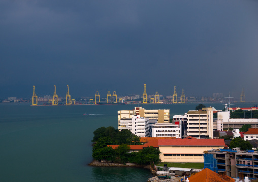 Elevated View Of The Cityscape And The Port, Penang Island, George Town, Malaysia