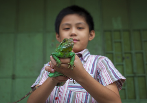 Child Holding A Green Male Water Dragon, George Town, Penang, Malaysia