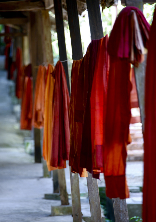 Kasaya Robes Drying On Clothesline, Myanmar In Rangoon, Myanmar