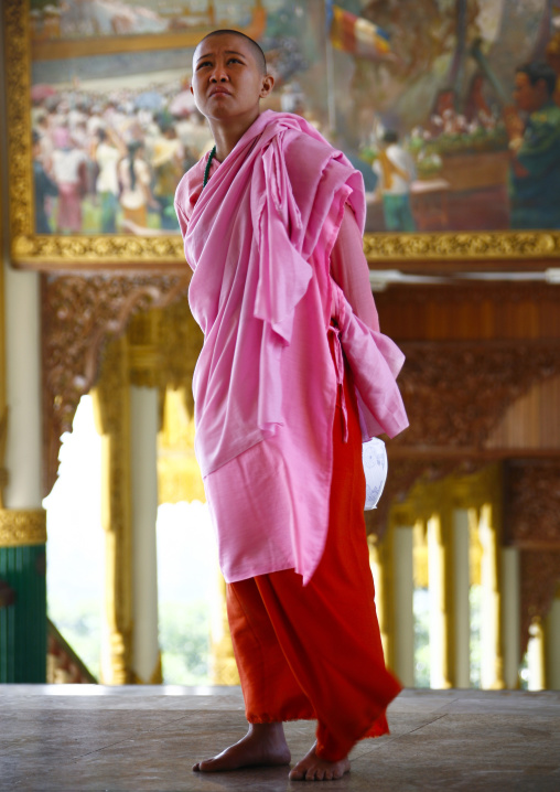 Buddhist Nun In Pink Kasaya Robe, In Inle Lake, Myanmar