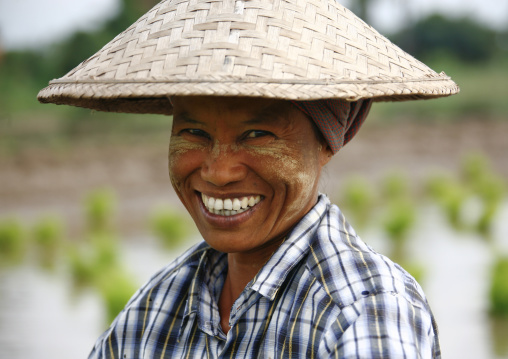 Smiling Woman With Asian Hat In Innwa, Myanmar