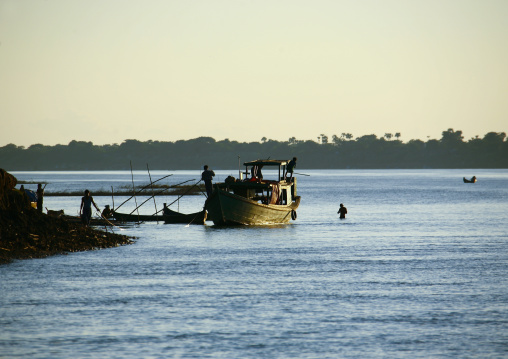 Boats On Irrawaddy River Banks, Myanmar