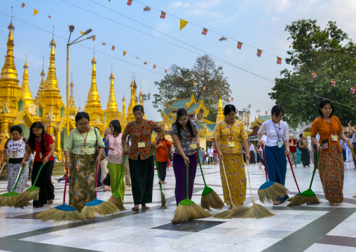 Women And Men Sweeping The Shwedagon Pagoda, Yangon, Myanmar