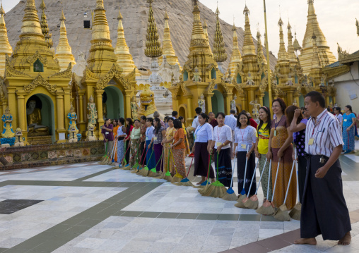 Women And Men Sweeping The Shwedagon Pagoda, Yangon, Myanmar