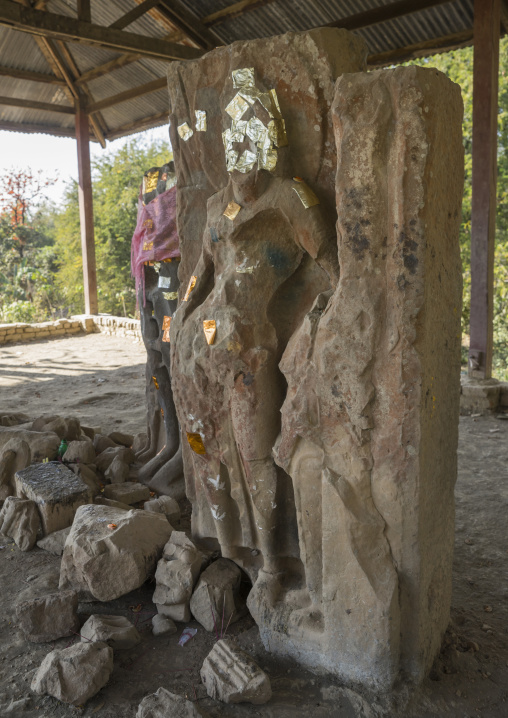 Decapitated Statue With Gold Leaves, Mrauk U, Myanmar