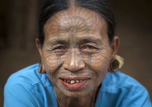 Tribal Chin Woman With Spiderweb Tattoo On The Face, Mrauk U, Myanmar