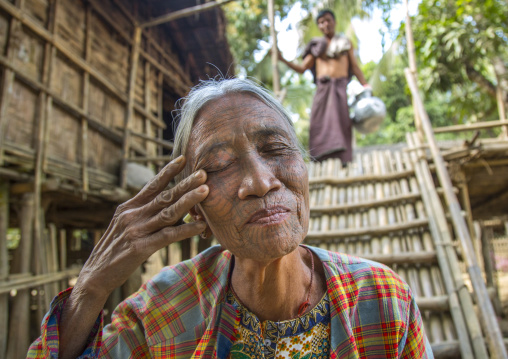 Sad Tribal Chin Woman With Spiderweb Tattoo On The Face, Mrauk U, Myanmar