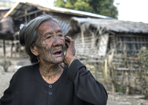 Tribal Old Chin Woman From Muun Tribe With Tattoo On The Face, Mindat, Myanmar
