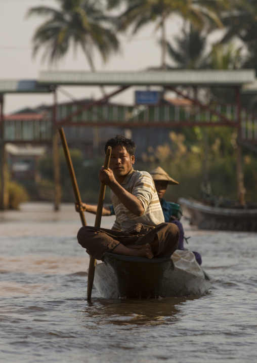 Man Rowing In A Boat, Inle Lake, Myanmar