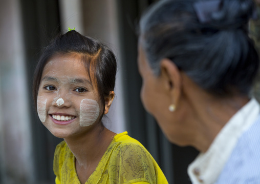 Girl With Thanaka On Cheeks And Her Gradn Mother, Ngapali, Myanmar