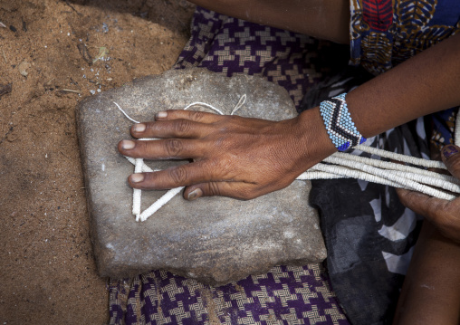 Bushman Women Making Necklaces With Ostrich Egg Shell, Tsumkwe, Namibia