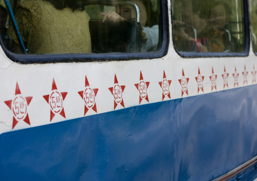 North Korean bus with stars that represents 50000 kilometers travelled without an accident, Pyongan Province, Pyongyang, North Korea