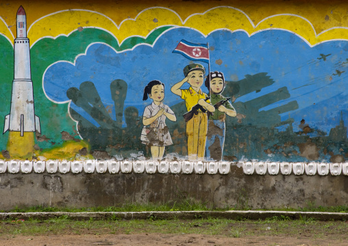 Patriotic and military billboard in a school, North Hwanghae Province, Sariwon, North Korea