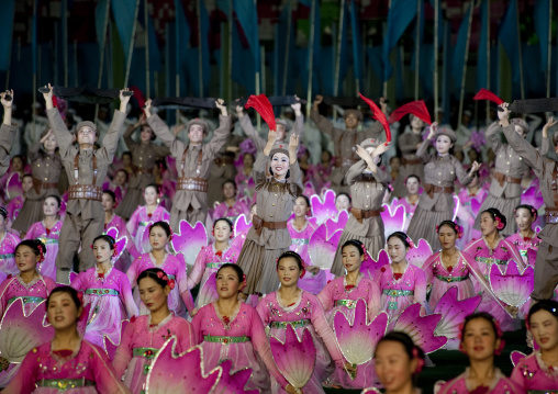 North Korean women dressed as soldiers during the Arirang games in may day stadium, Pyongan Province, Pyongyang, North Korea