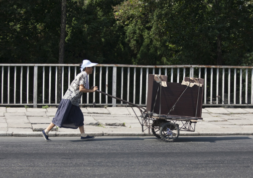 North Korean woman pushing a cart in the street, Pyongan Province, Pyongyang, North Korea